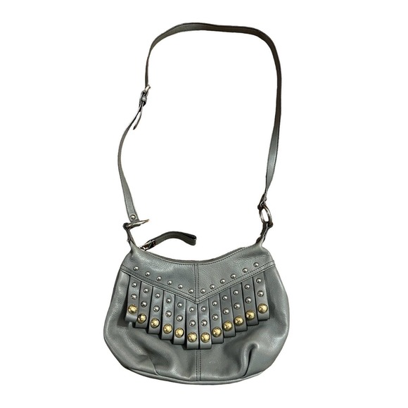 b. makowsky Handbags - B Makowsky Crossbody Shoulder Bag Purse - Gray Studded Fringe Gold/Silver EUC